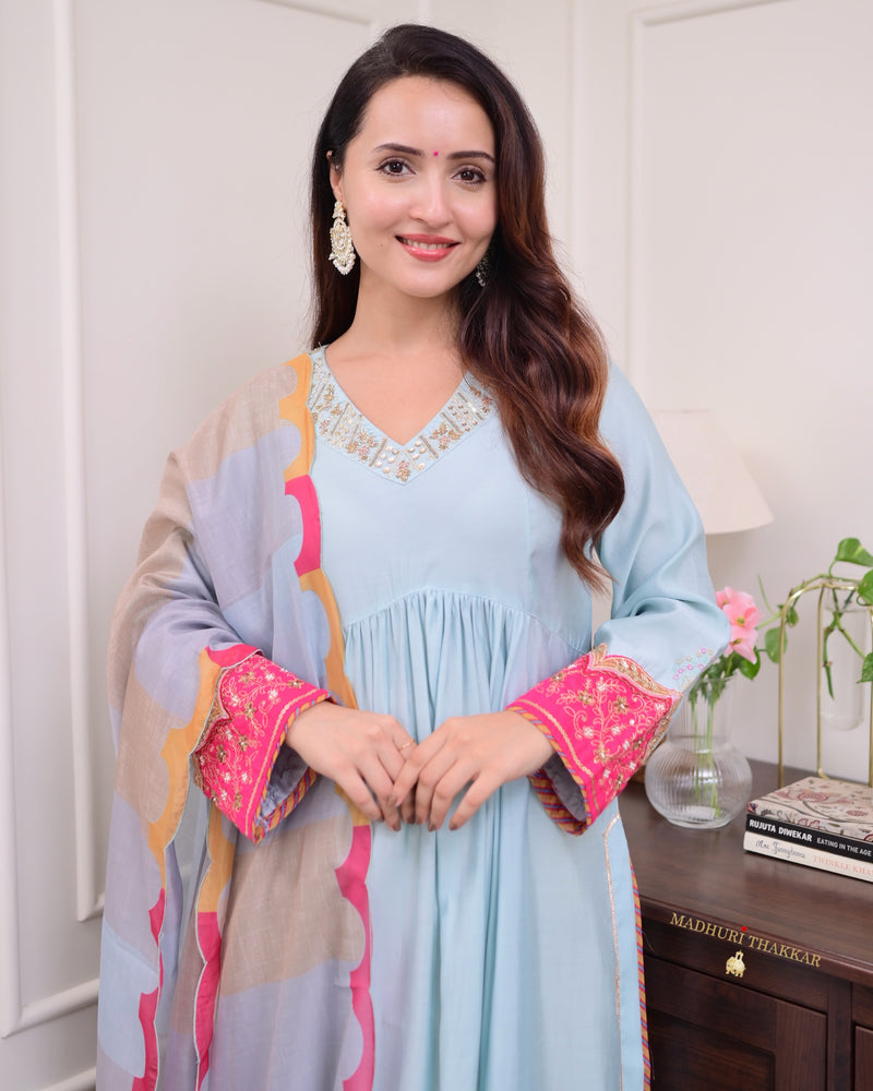 Powder Blue Handwork Silk Suit