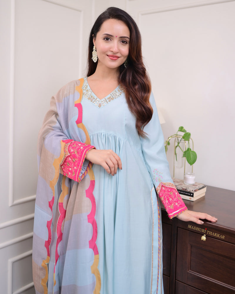 Powder Blue Handwork Silk Suit