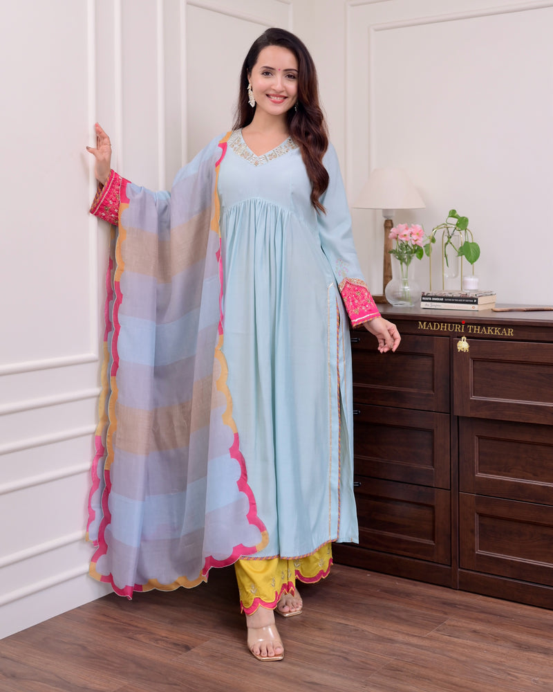 Powder Blue Handwork Silk Suit