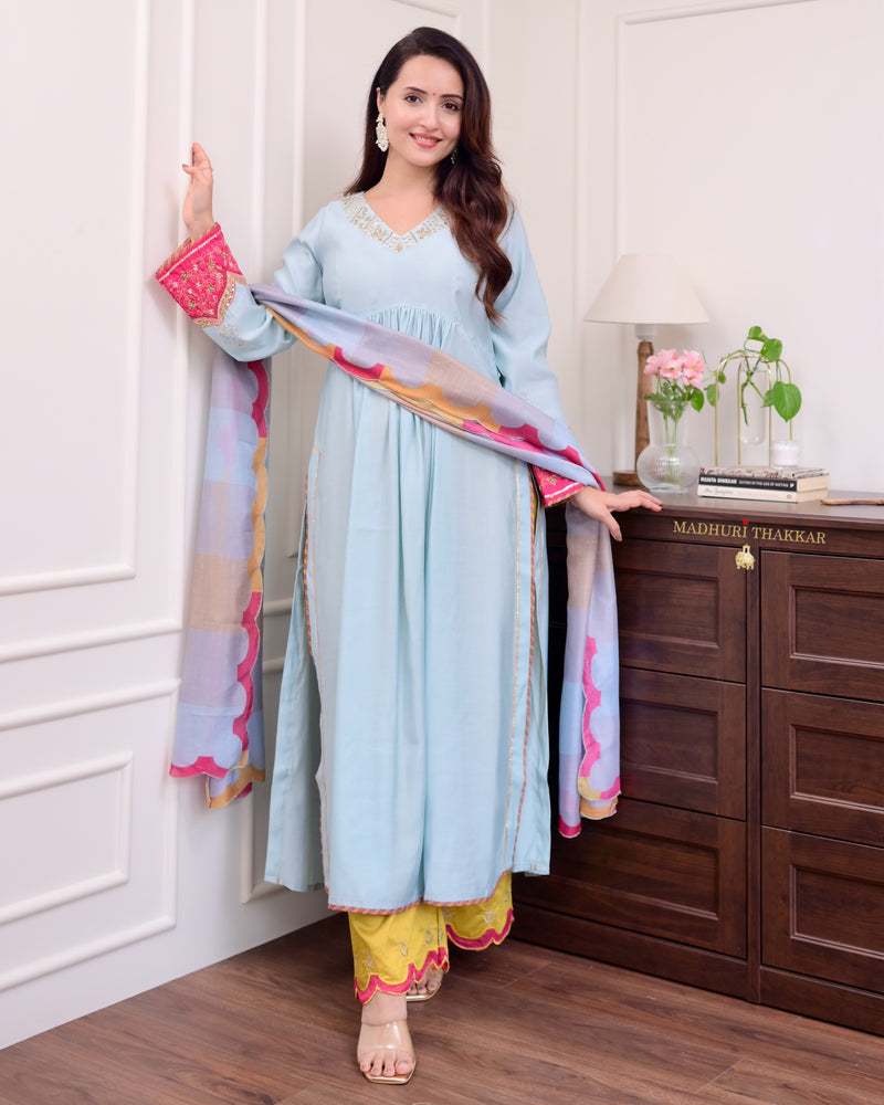 Powder Blue Handwork Silk Suit