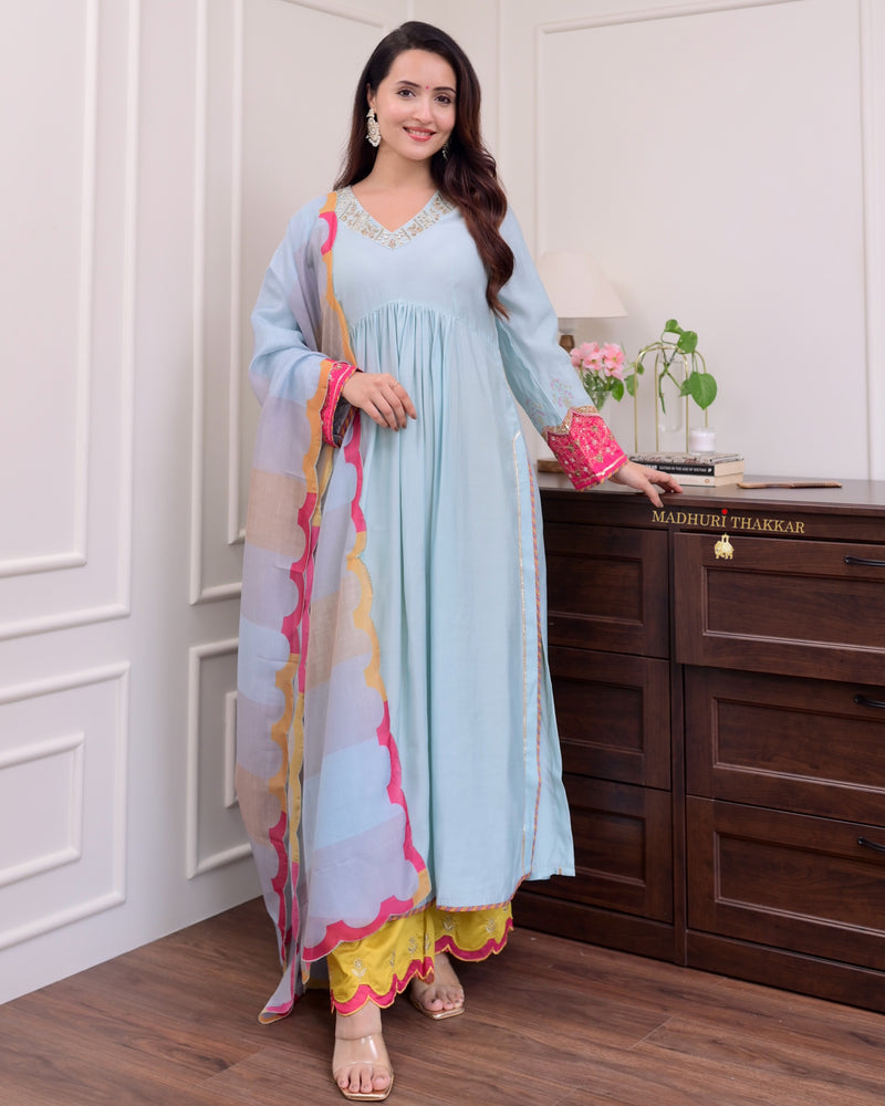 Powder Blue Handwork Silk Suit