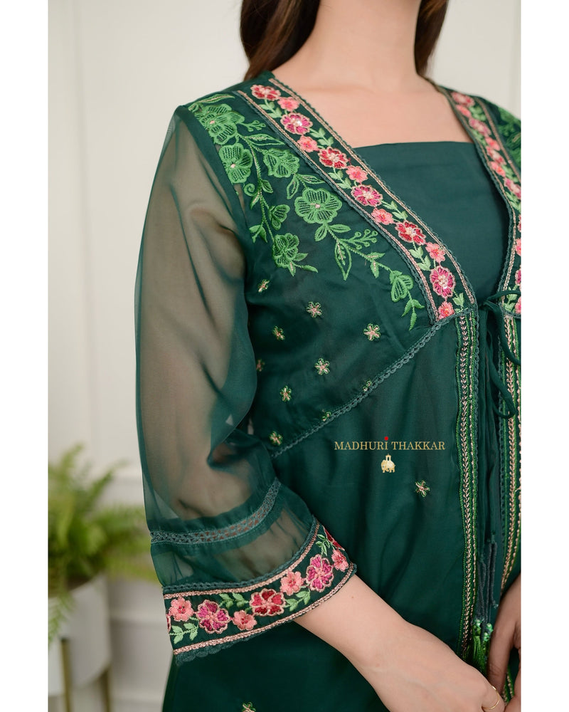 Bottle Green Embroidered Cape A Line Organza Set