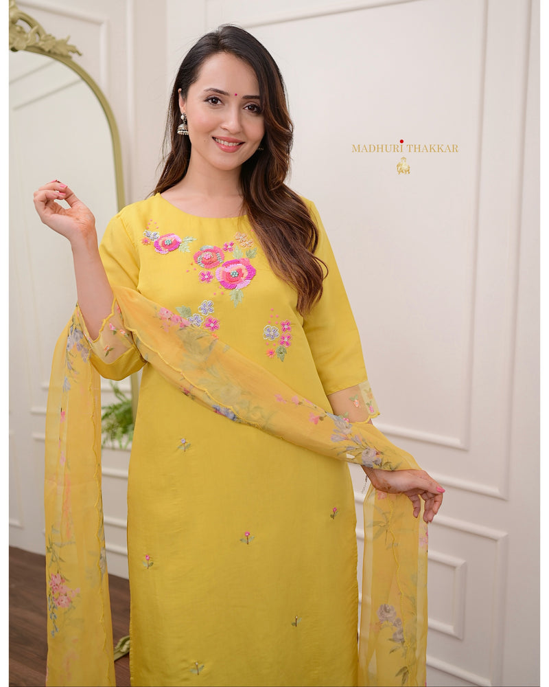 Yellow Handwork Cotton Silk Suit