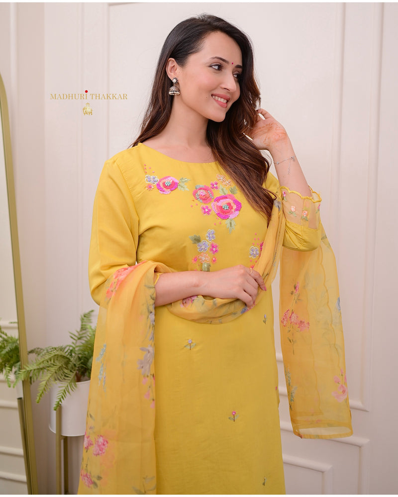 Yellow Handwork Cotton Silk Suit