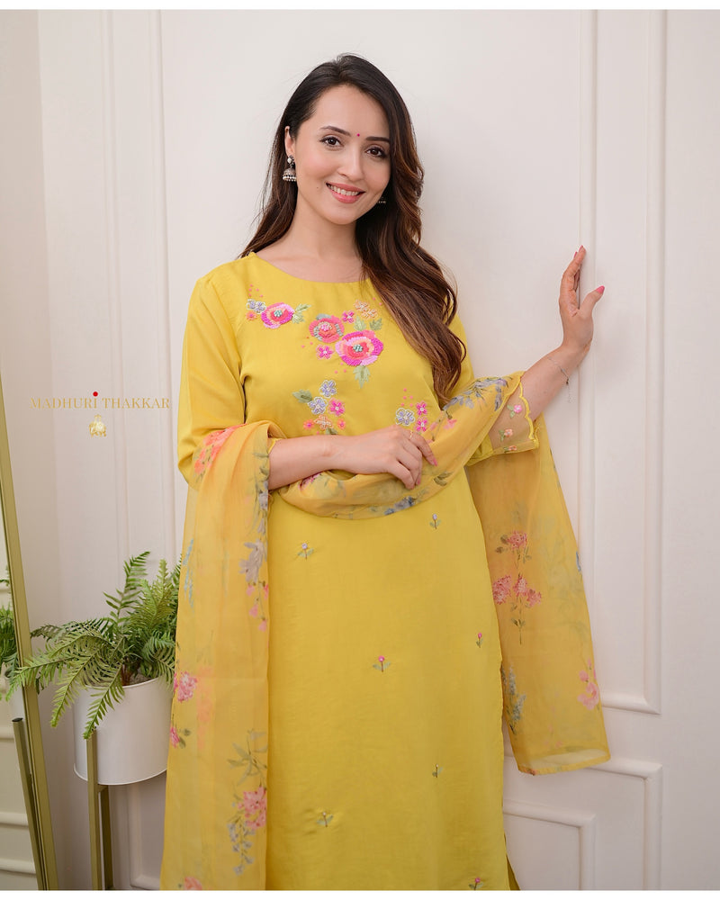 Yellow Handwork Cotton Silk Suit