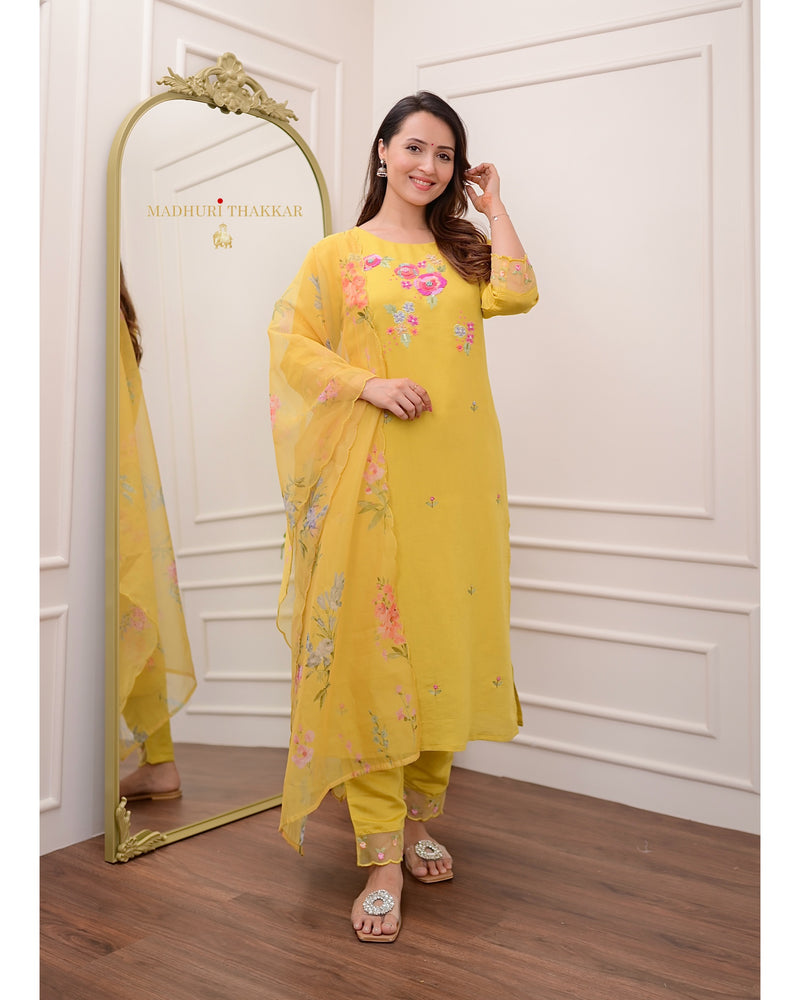 Yellow Handwork Cotton Silk Suit