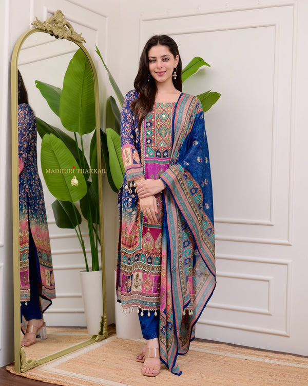 Blue Handwork Patchprint Festive Chinnon Suit