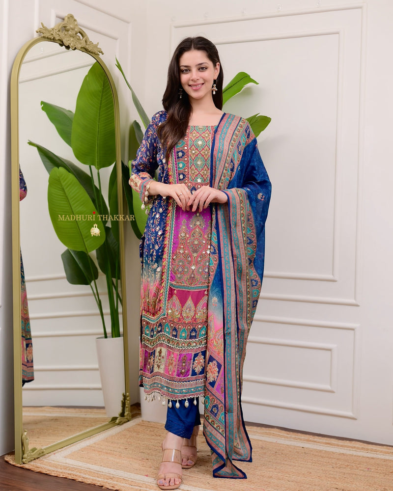 Blue Handwork Patchprint Festive Chinnon Suit