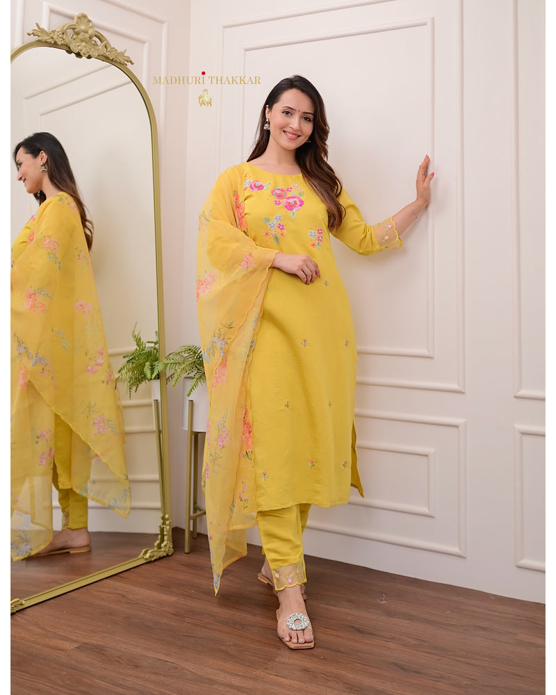 Yellow Handwork Cotton Silk Suit