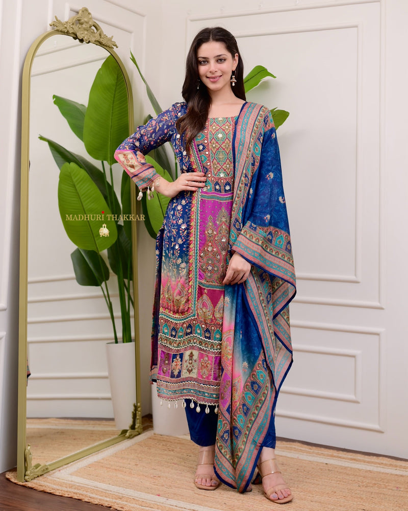 Blue Handwork Patchprint Festive Chinnon Suit