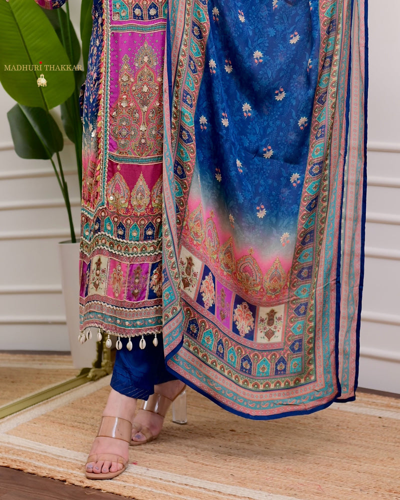 Blue Handwork Patchprint Festive Chinnon Suit