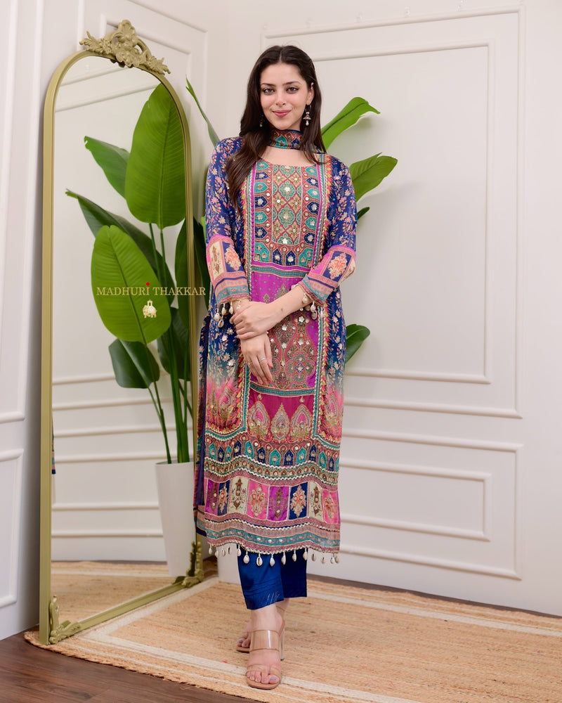 Blue Handwork Patchprint Festive Chinnon Suit