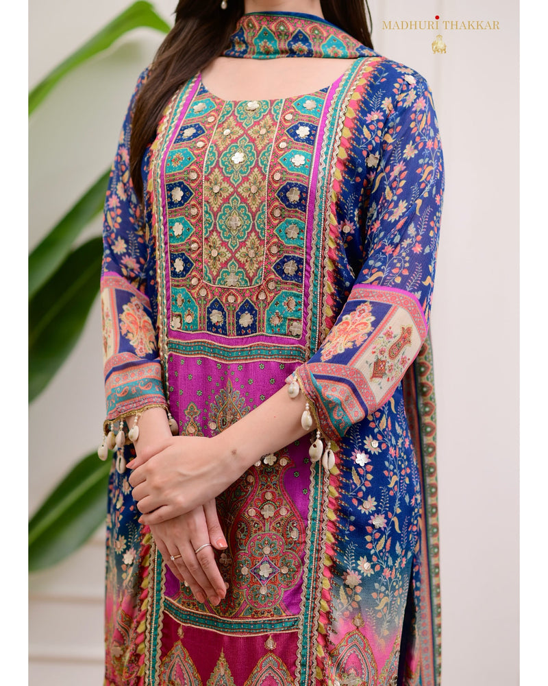 Blue Handwork Patchprint Festive Chinnon Suit