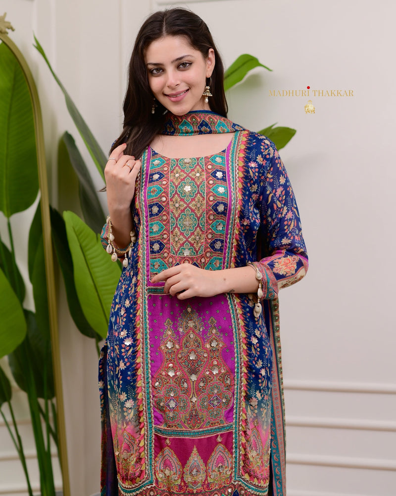 Blue Handwork Patchprint Festive Chinnon Suit