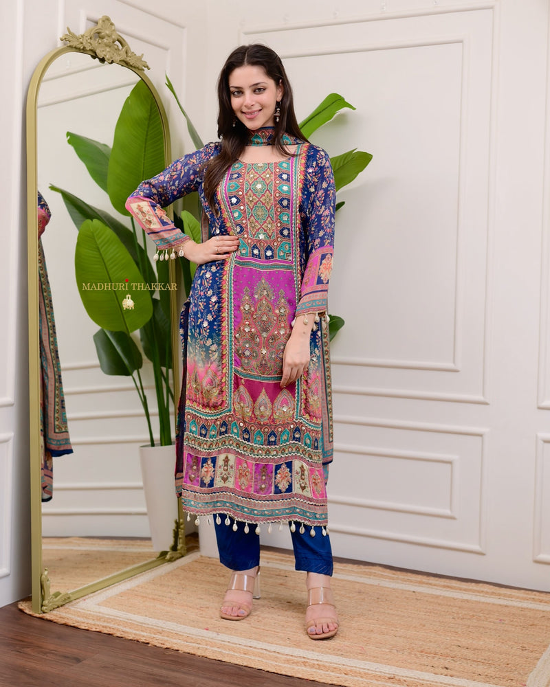 Blue Handwork Patchprint Festive Chinnon Suit