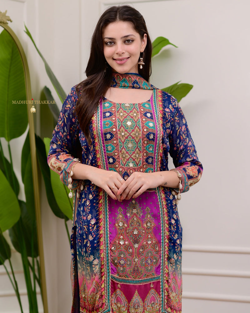 Blue Handwork Patchprint Festive Chinnon Suit