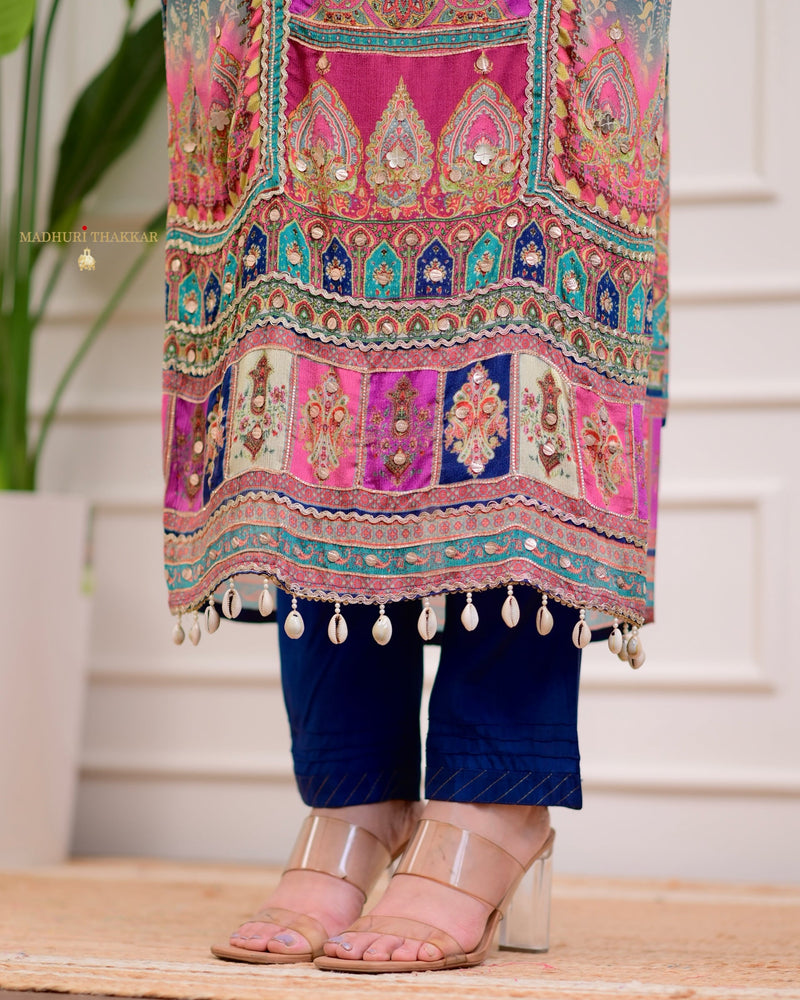 Blue Handwork Patchprint Festive Chinnon Suit