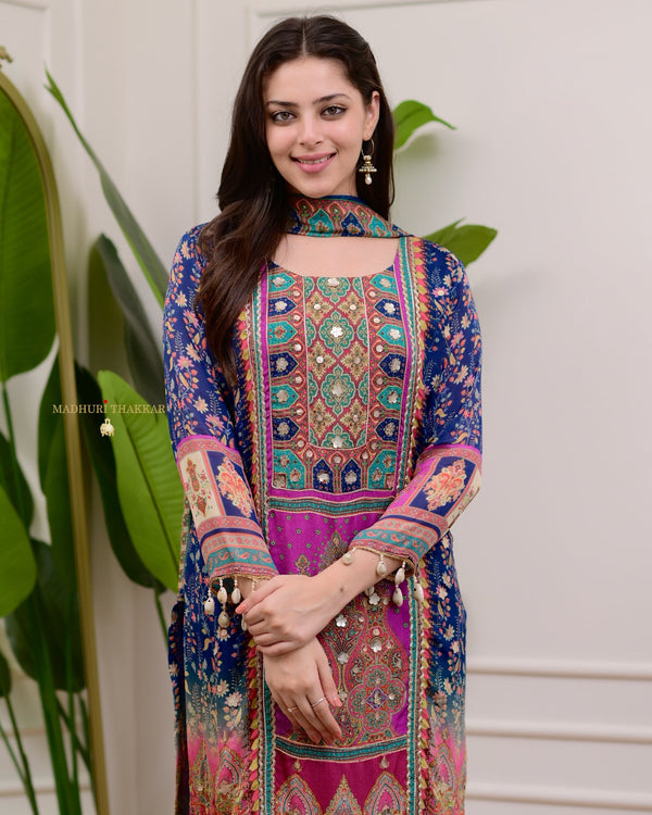 Blue Handwork Patchprint Festive Chinnon Suit