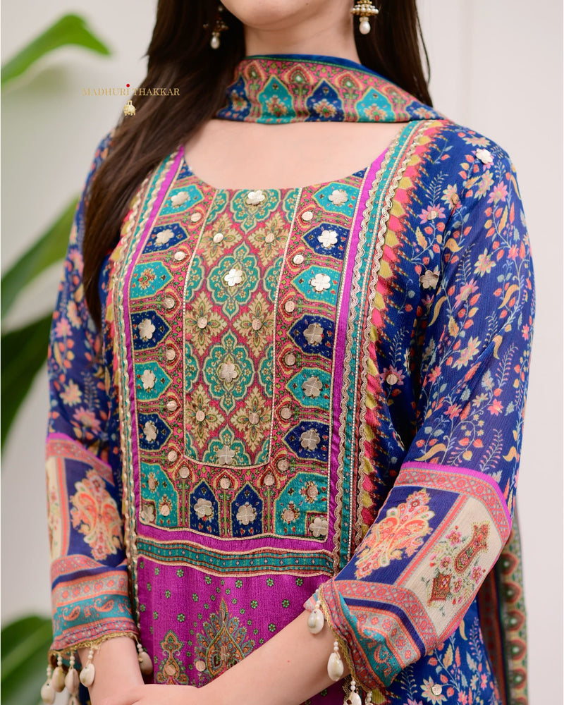 Blue Handwork Patchprint Festive Chinnon Suit