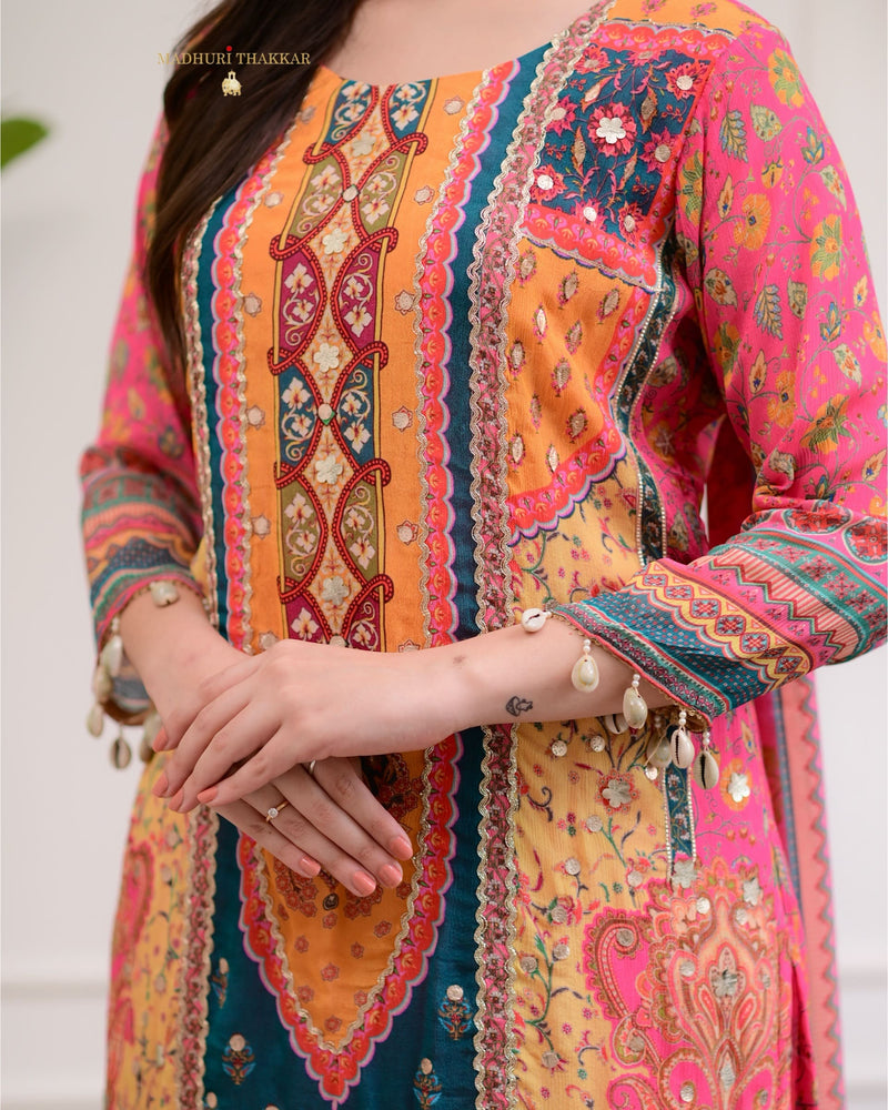 Pink Handwork Patchprint Festive Chinnon Suit