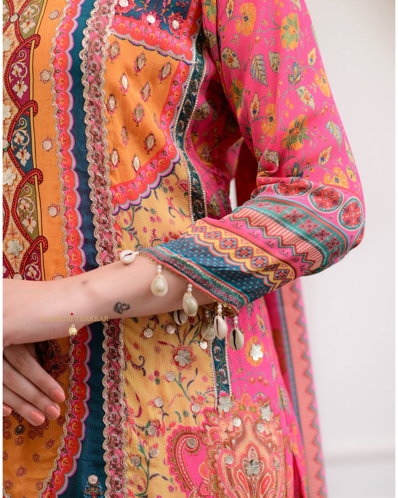 Pink Handwork Patchprint Festive Chinnon Suit