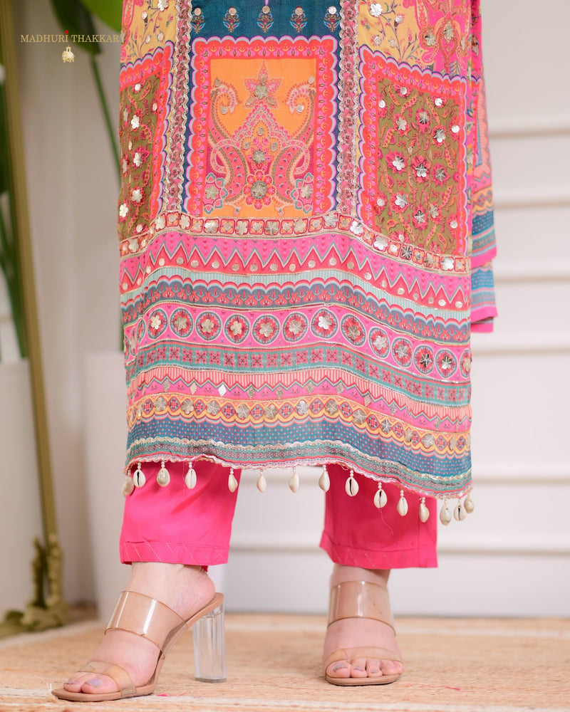 Pink Handwork Patchprint Festive Chinnon Suit