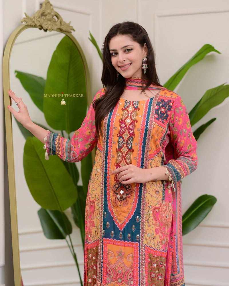 Pink Handwork Patchprint Festive Chinnon Suit