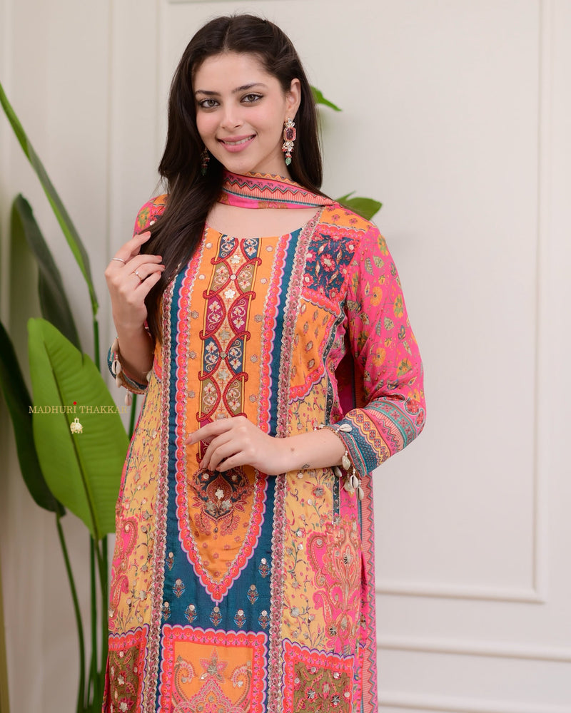 Pink Handwork Patchprint Festive Chinnon Suit