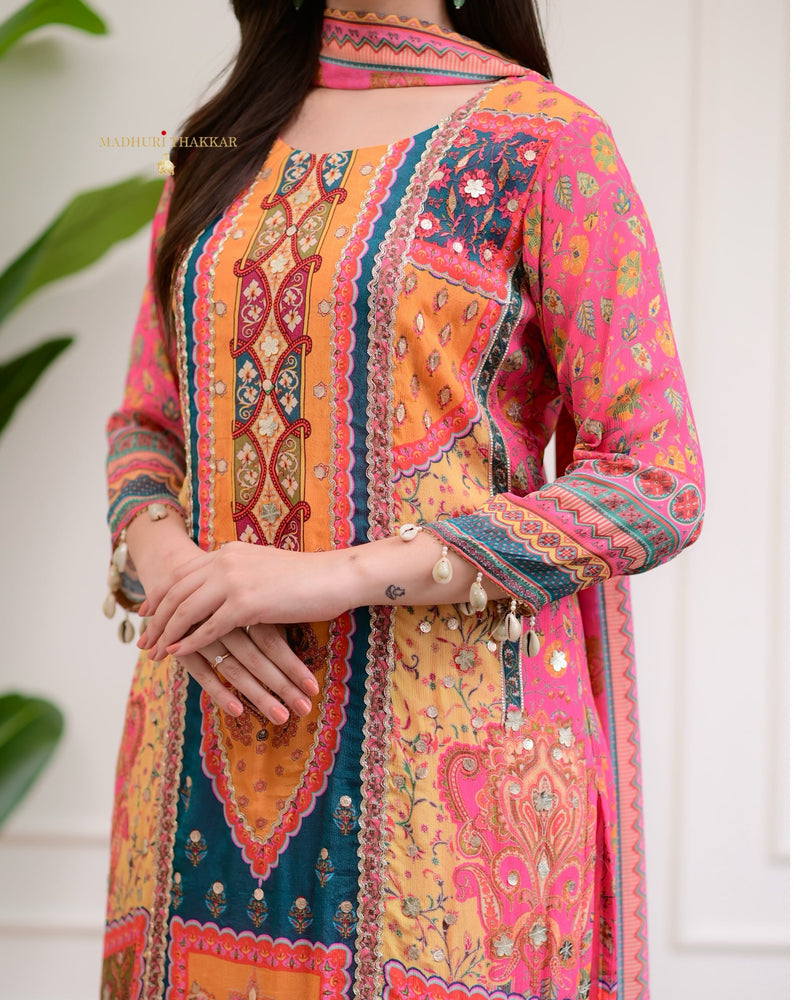 Pink Handwork Patchprint Festive Chinnon Suit