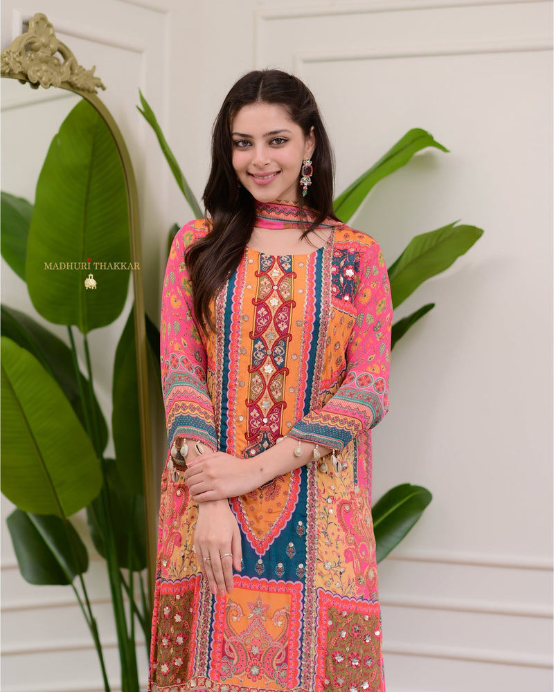 Pink Handwork Patchprint Festive Chinnon Suit