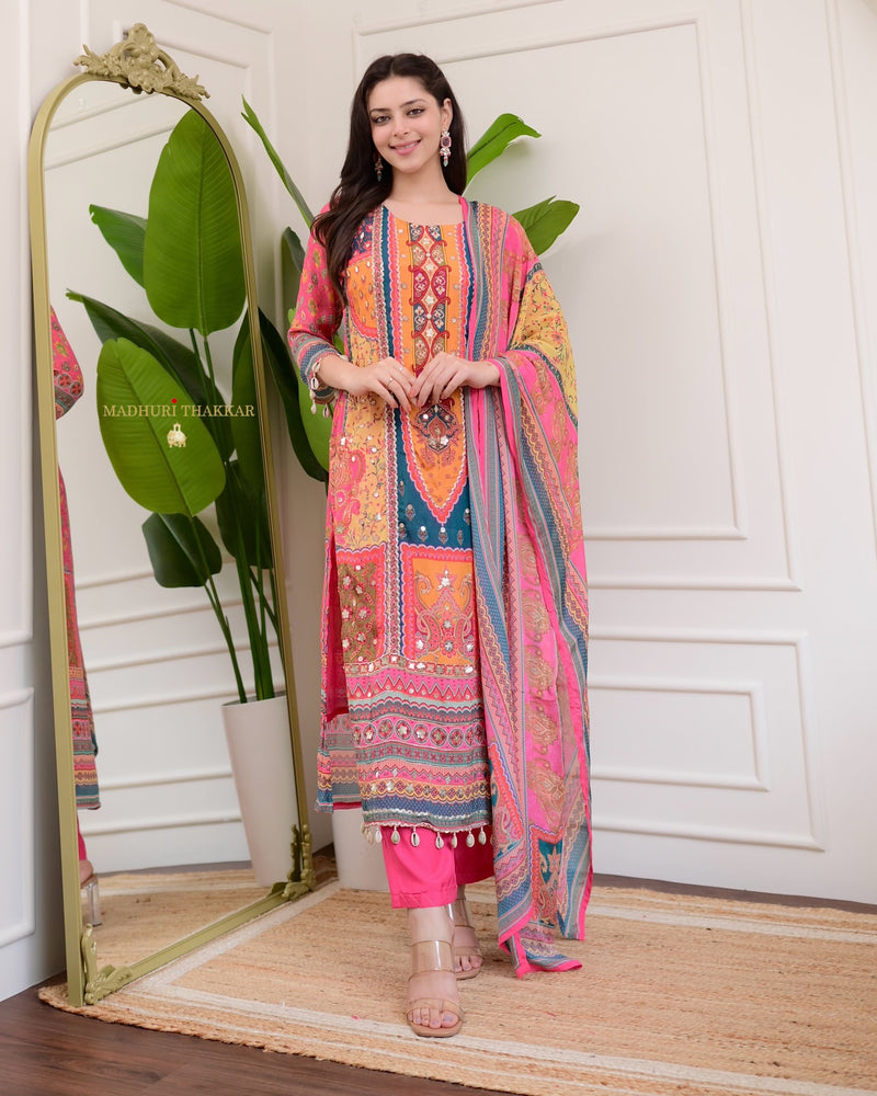 Pink Handwork Patchprint Festive Chinnon Suit