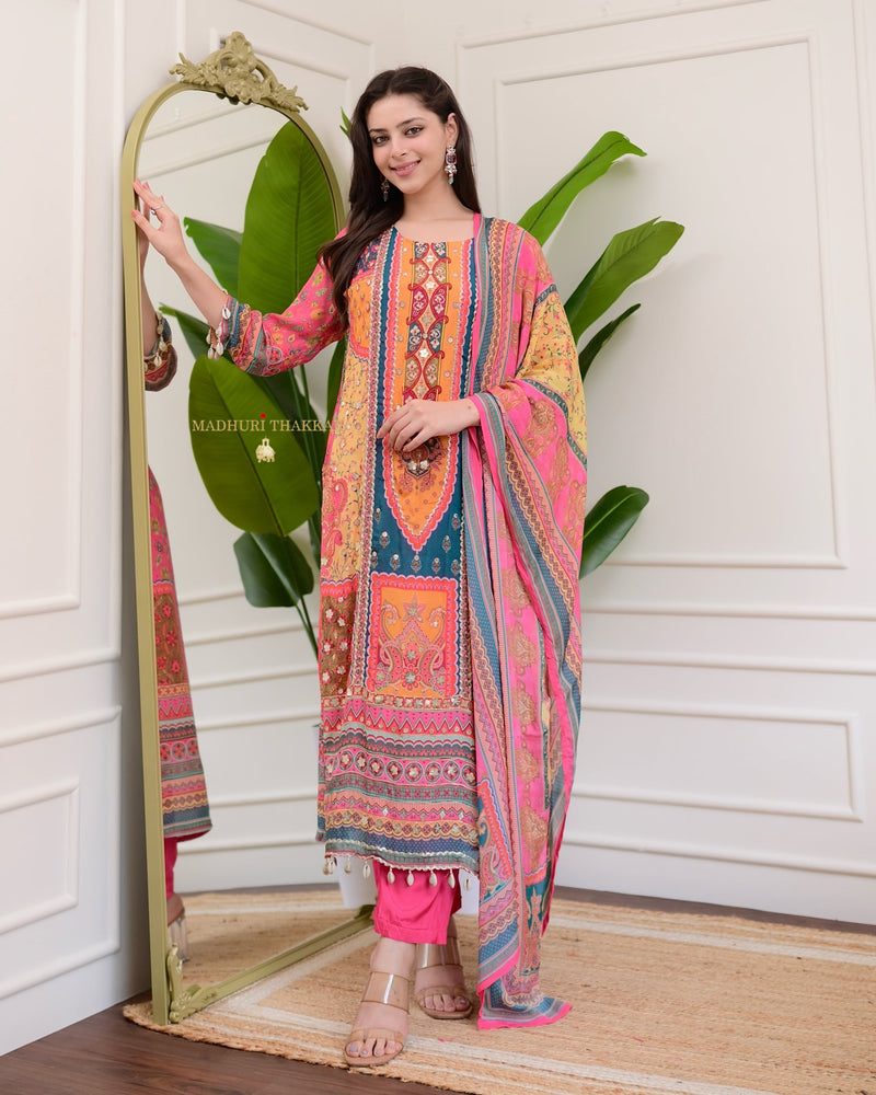 Pink Handwork Patchprint Festive Chinnon Suit