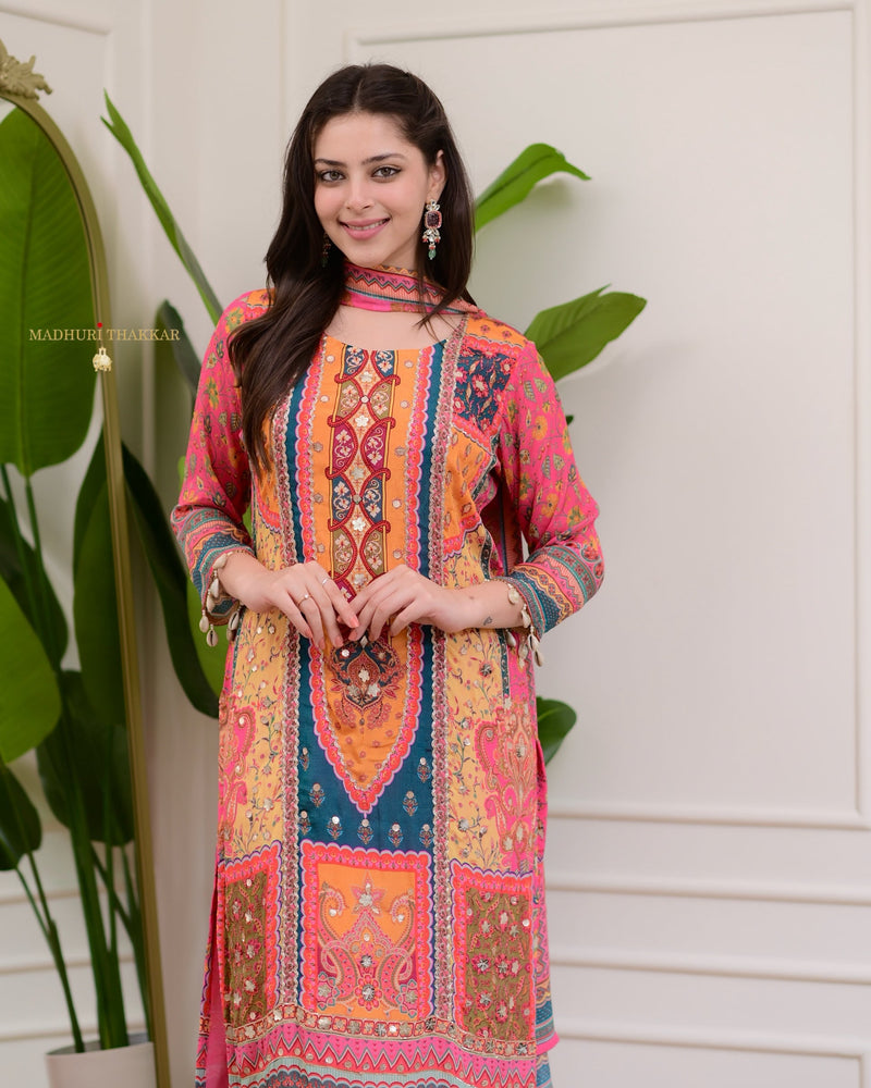 Pink Handwork Patchprint Festive Chinnon Suit