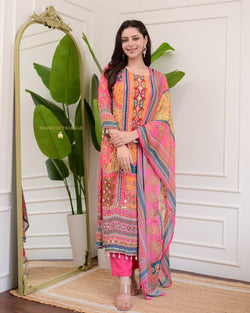 Pink Handwork Patchprint Festive Chinnon Suit