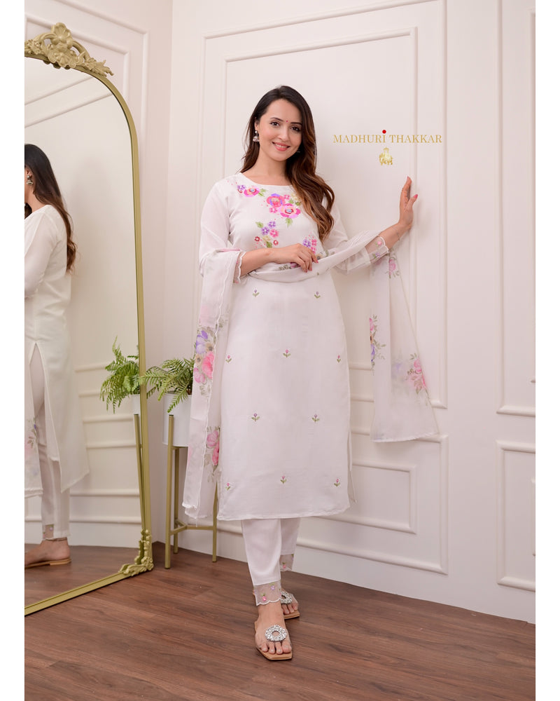 White Handwork Cotton Silk Suit