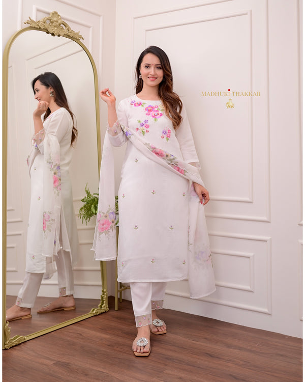 White Handwork Cotton Silk Suit