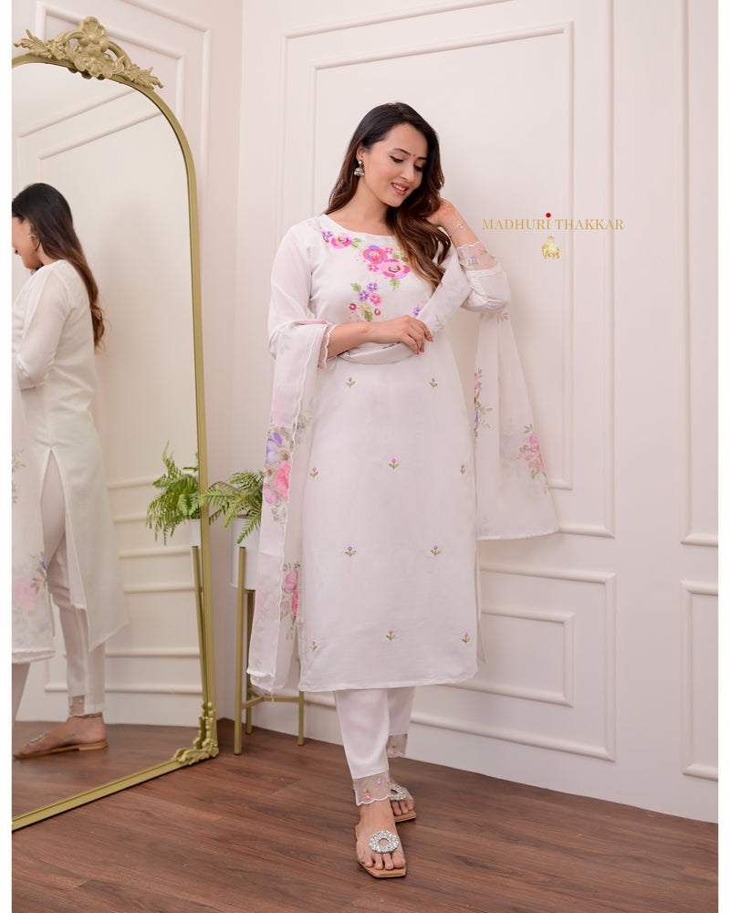 White Handwork Cotton Silk Suit