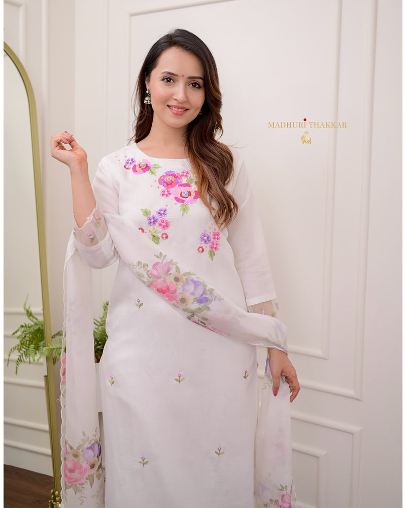 White Handwork Cotton Silk Suit