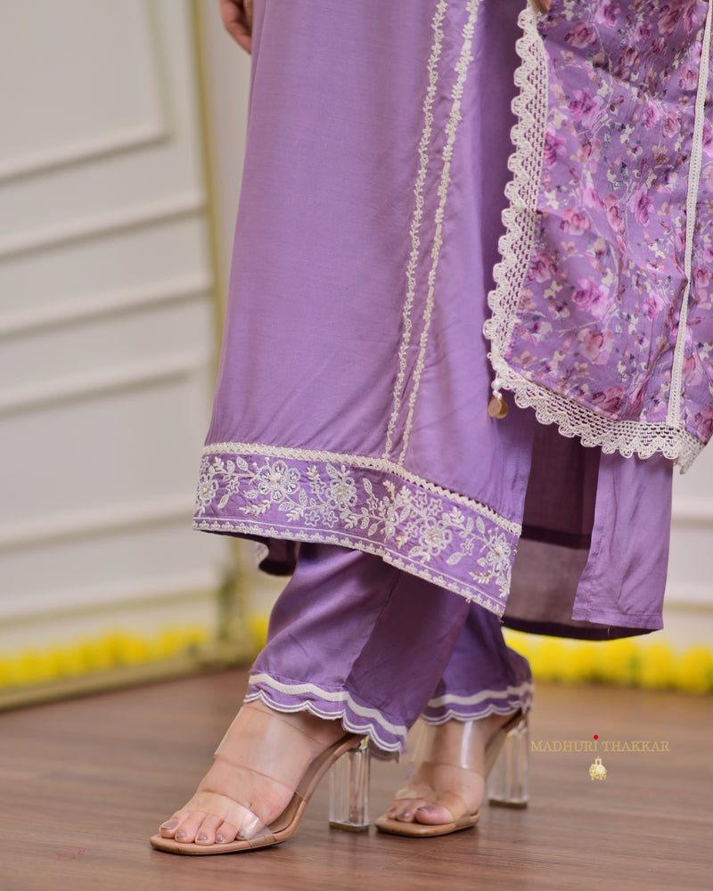 Lilac Muslin Handwork Festive Suit