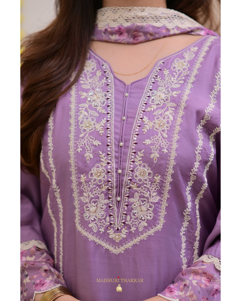 Lilac Muslin Handwork Festive Suit