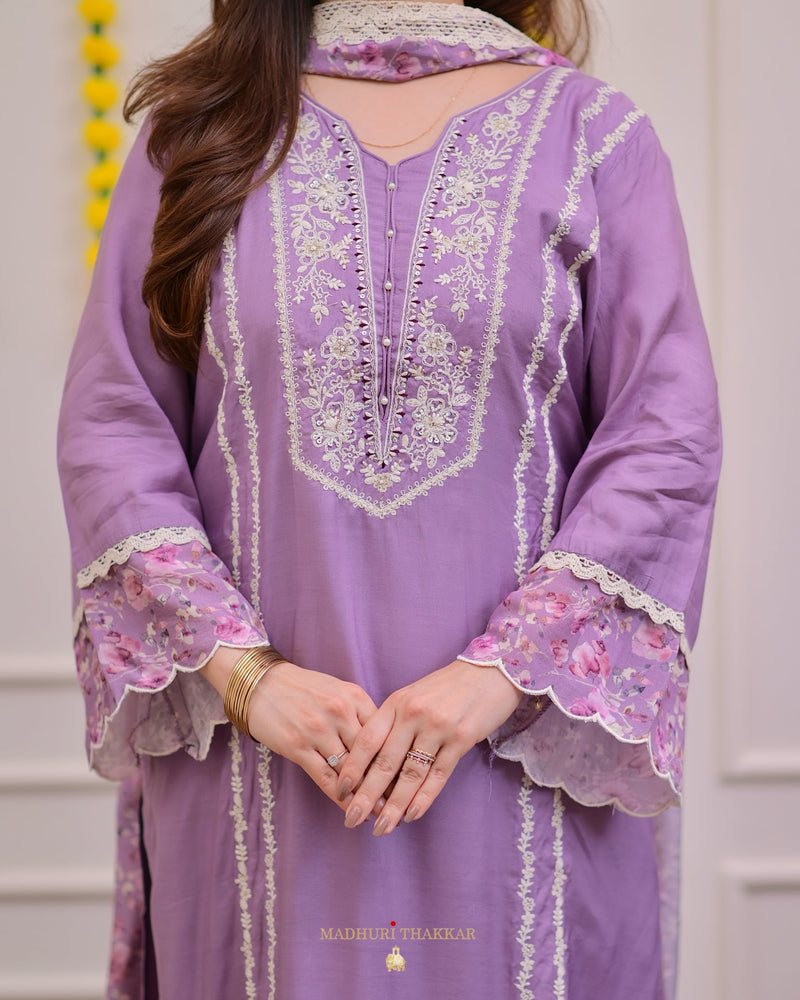 Lilac Muslin Handwork Festive Suit