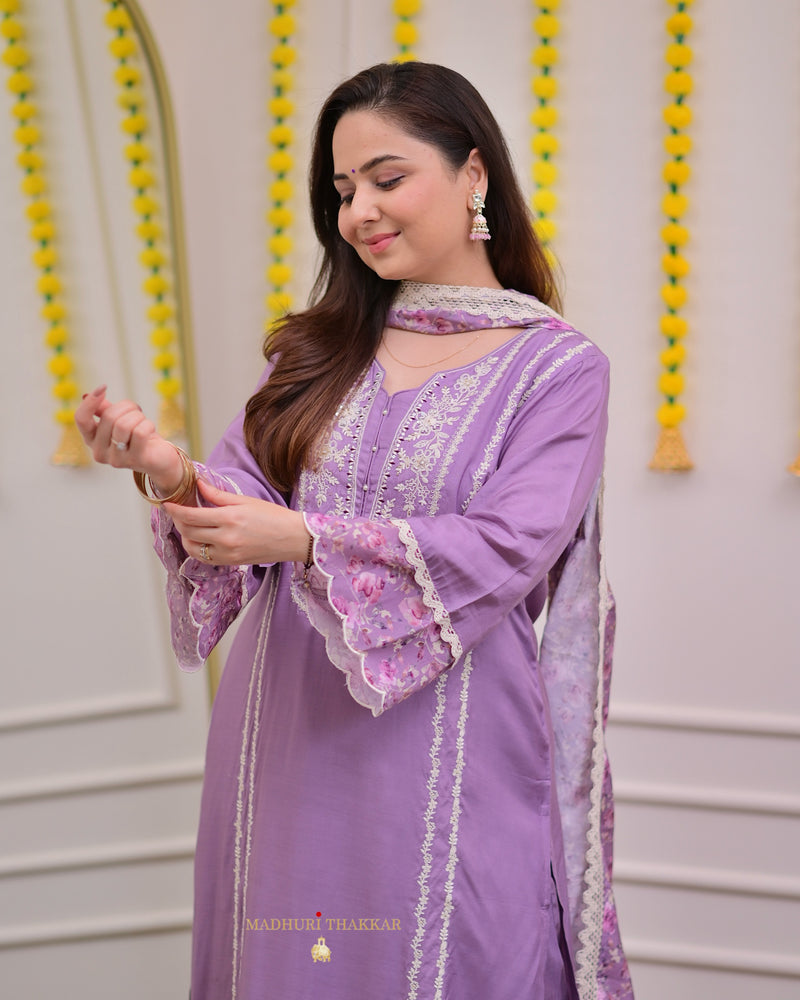 Lilac Muslin Handwork Festive Suit