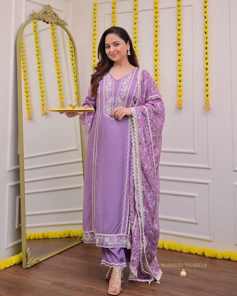 Lilac Muslin Handwork Festive Suit