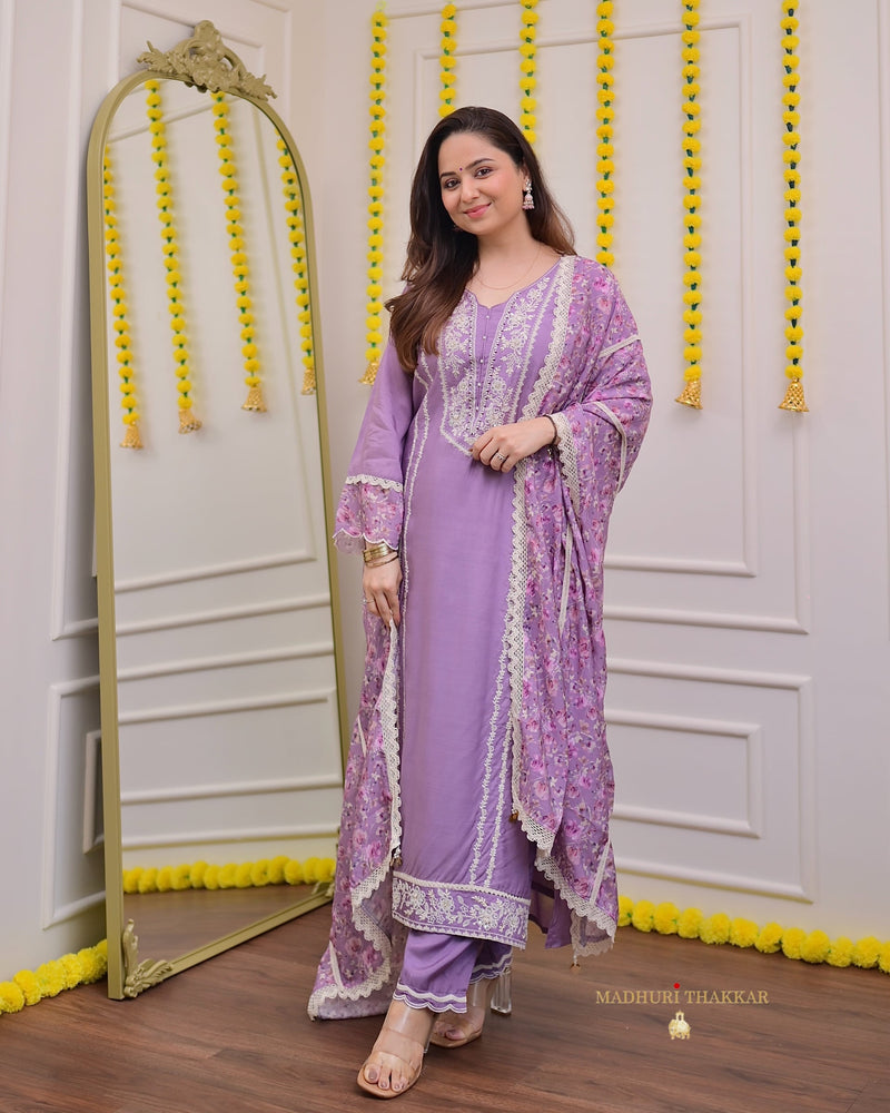 Lilac Muslin Handwork Festive Suit