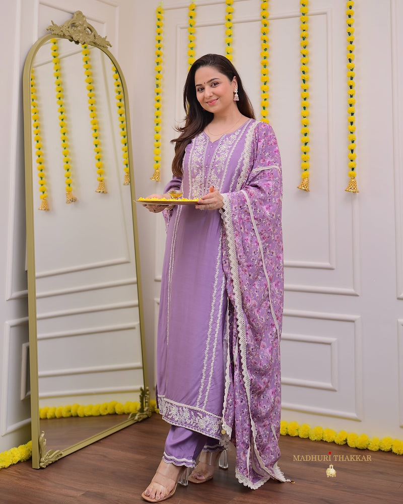 Lilac Muslin Handwork Festive Suit