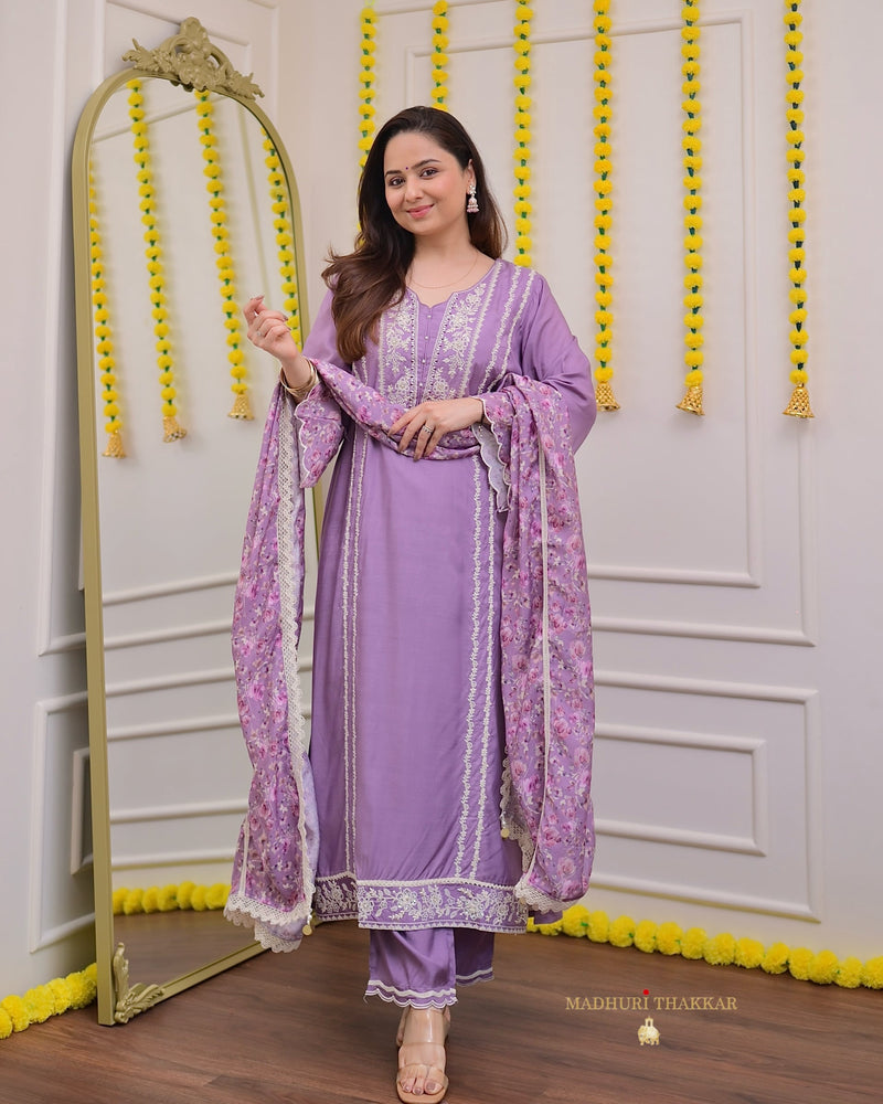 Lilac Muslin Handwork Festive Suit