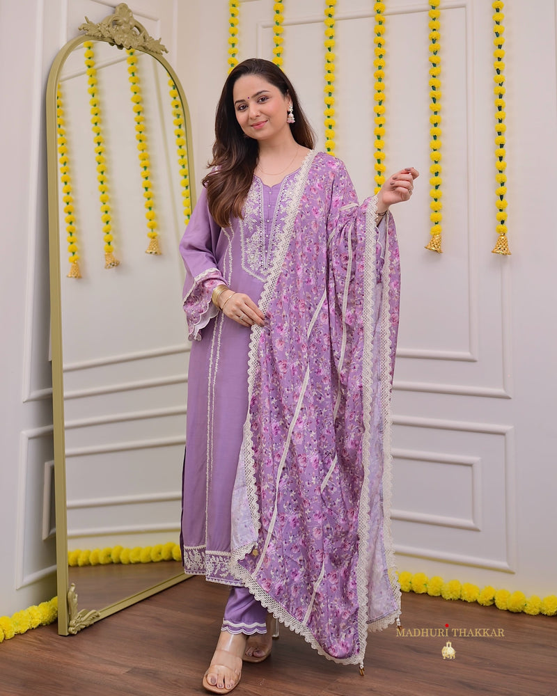 Lilac Muslin Handwork Festive Suit