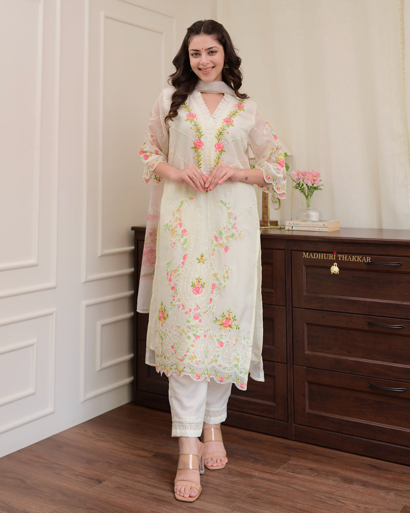 Ivory Karachi Organza Threadwork Festive Suit