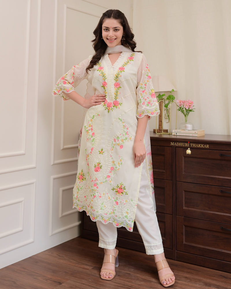 Ivory Karachi Organza Threadwork Festive Suit