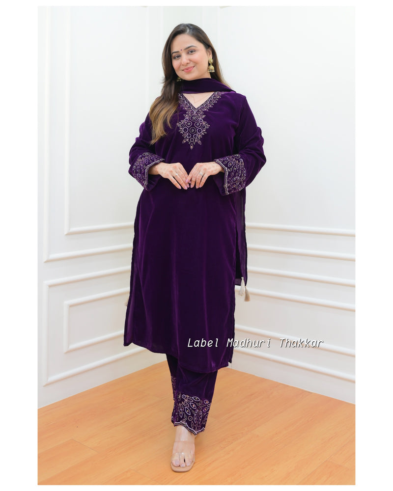 Purple Threadwork Velvet Suit